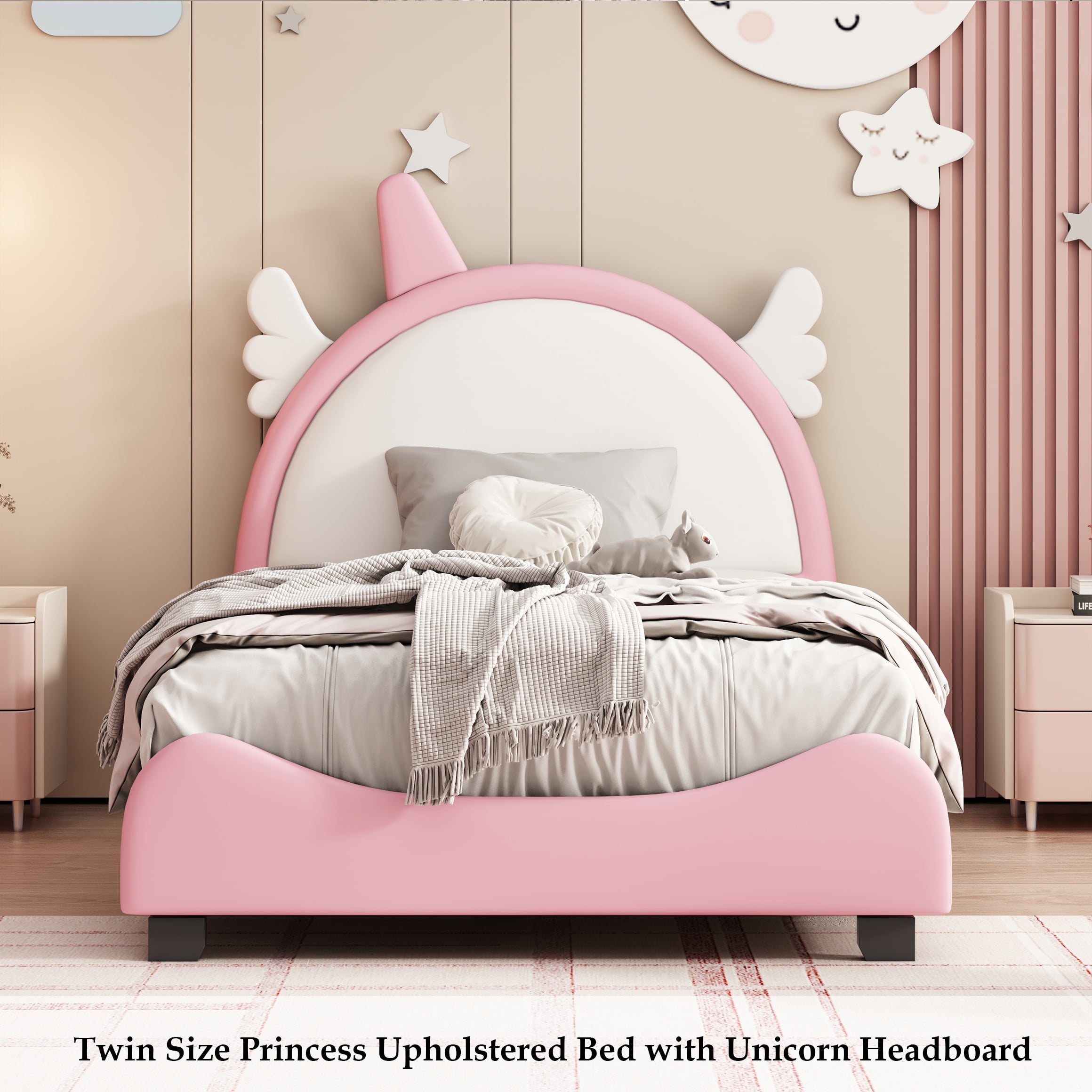 Bellemave Twin PU Leather Upholstered Platform Bed with Unicorn Style ...