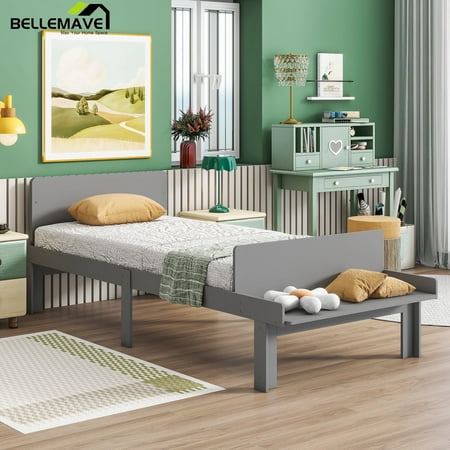 Bellemave Twin Platform Bed with Bed-end Bench Twin Wooden Bed Frame with Headboard and Footboard Bench Twin Bed with Underneath Storage for Teens, Gray
