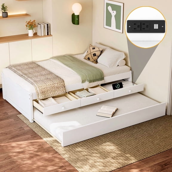 Bellemave Twin Size Platform Bed with Storage Drawers, Wood Twin Bed with Trundle, Twin Daybed with Drawers for Teens, Adults, White