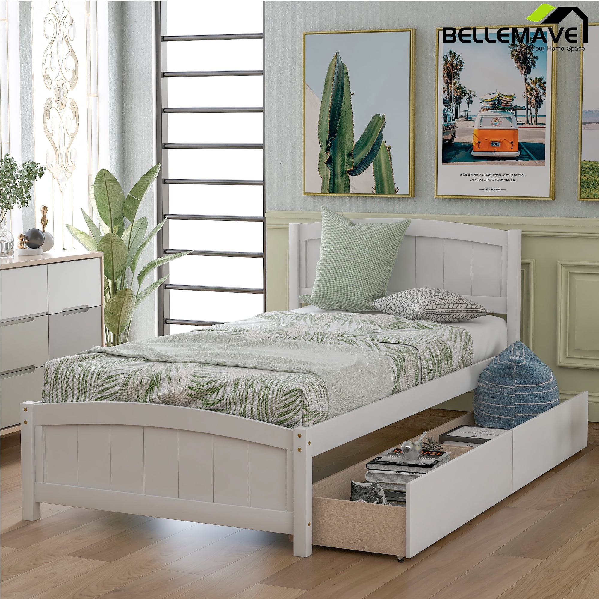Bellemave Twin Platform Bed with Storage Drawer, White