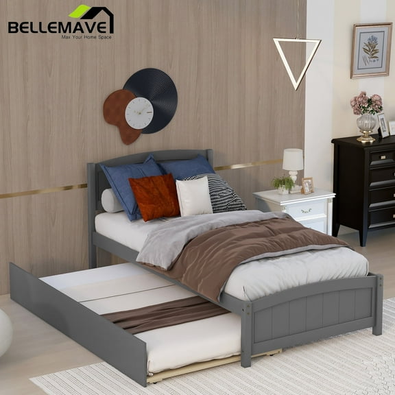Bellemave Twin Platform Bed with Trundle Solid Wood Twin Bed Frame with Headboard Space Saving Wooden Bed forTeens & Adults, Gray