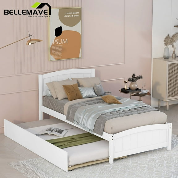 Bellemave Twin Platform Bed with Trundle Solid Wood Twin Bed Frame with Headboard Space Saving Wooden Bed forTeens & Adults, White