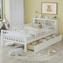 Bellemave Twin Size Bed with 2 Drawers and Fence Rails, Twin Platform Beds Frame with Bookcase Storage Headboard, Wood Space Saving Storage Bed, No Box Spring Needed (White)