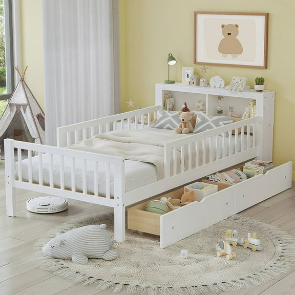 Bellemave Twin Size Bed with 2 Drawers and Fence Rails, Twin Platform Beds Frame with Bookcase Storage Headboard, Wood Space Saving Storage Bed, No Box Spring Needed (White)