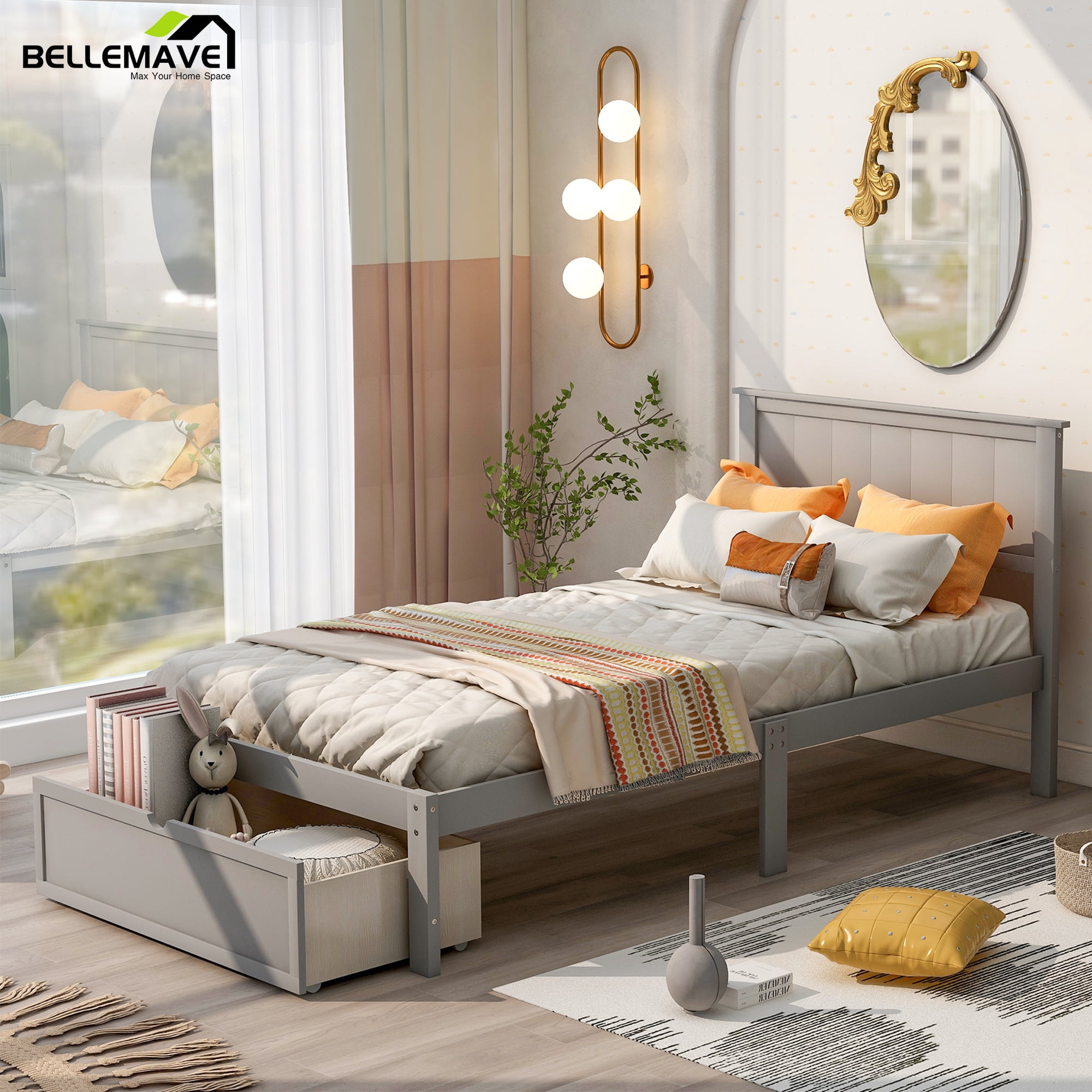 Bellemave Twin Size Bed Frame with Storage Drawers, Twin Wood Platform Bed with Headboard for Kids, Boys & Girls (Gray)