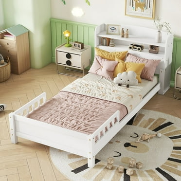 Bellemave Twin Size Bed with Storage Headboard and LED Light, Wood Twin Platform Beds Frame with Fence Rails, Twin Beds with Shelves for Kids Boys Girls Teens, No Box Spring Needed（White)