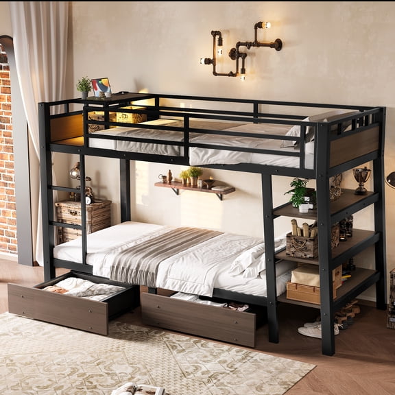 Bellemave Twin Size Bunk Bed with Drawers and Shelves, Twin Metal Bed Frame with LED Light Strip, Outlet USB Ports, Guardrail and Ladder,No Box Spring Needed, Black