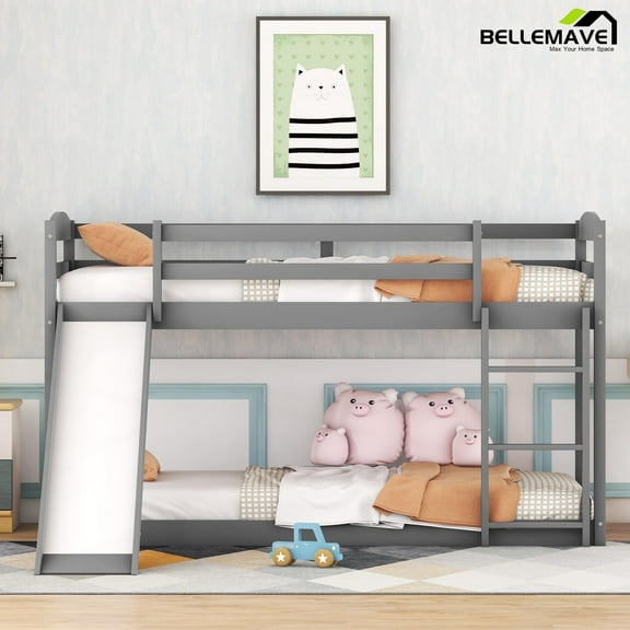 Bellemave Twin Size Bunk Bed with Slide Twin over Twin Bunk Bed with Convertible Slide and Ladder Low Bunk Bed Wood Junior Floor Bunk Bed Frame 2 Bunk Bed, Gray