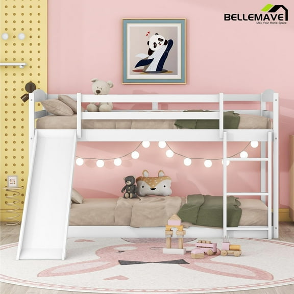 Bellemave Twin Size Bunk Bed with Slide Twin over Twin Bunk Bed with Convertible Slide and Ladder Low Bunk Bed Wood Junior Floor Bunk Bed Frame 2 Bunk Bed, White