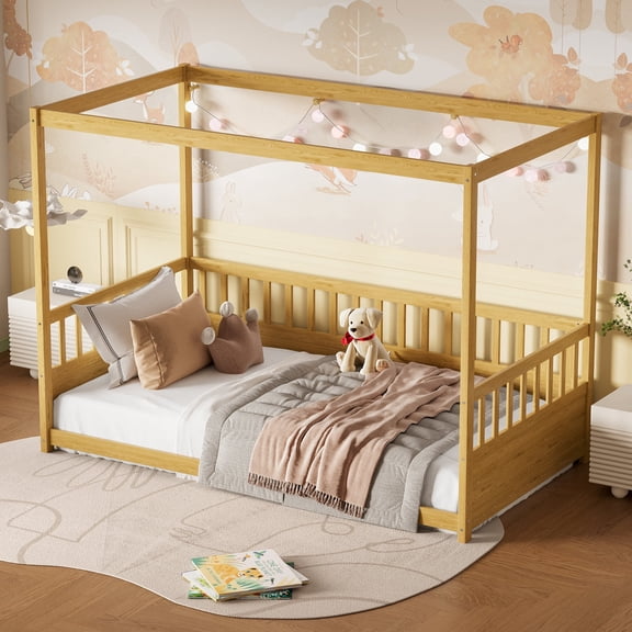 Bellemave Twin Size Canopy Bed Frame with High Fence Guardrails Montessori Floor Bed Frame with Four Poster Design Wooden Canopy Bed (Twin, Natural)
