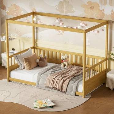 Bellemave Twin Size Canopy Bed Frame with High Fence Guardrails Montessori Floor Bed Frame with Four Poster Design Wooden Canopy Bed for Kids, Boys, Girls (Twin, Natural)