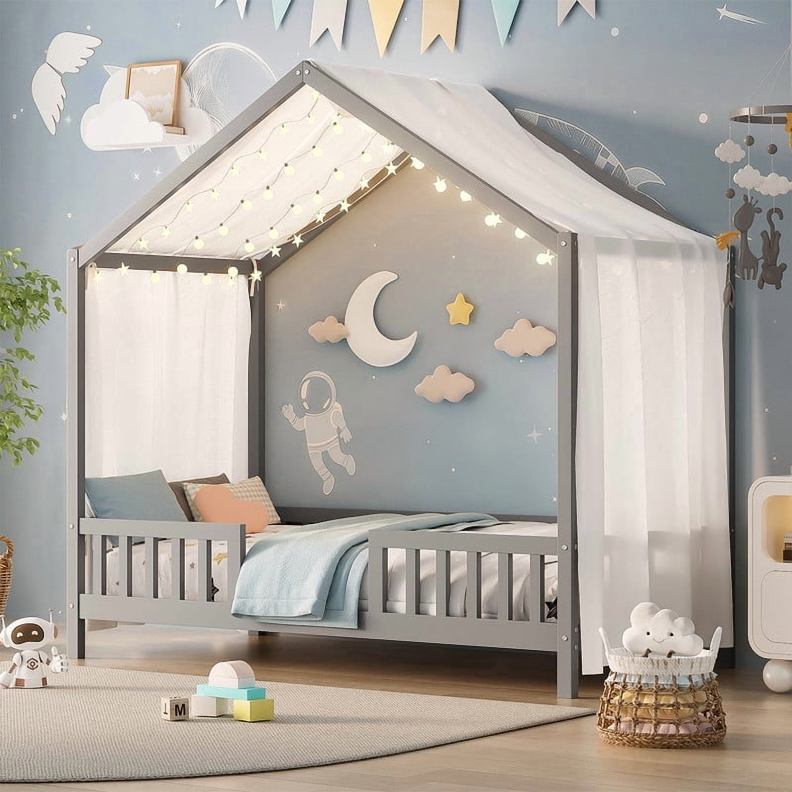 Bellemave Twin Size Canopy Bed, Montessori Floor Bed with High Railings, Wooden Twin Bed with Roof, House Shaped Bed Twin, Grey