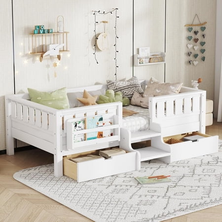 Bellemave Twin Size Montessori Bed Storage and Stairs, Wood Daybed with Bookcase and Guardrails, Twin Floor Beds Frame with 2 Drawers for Room, No Box Spring Needed(White)