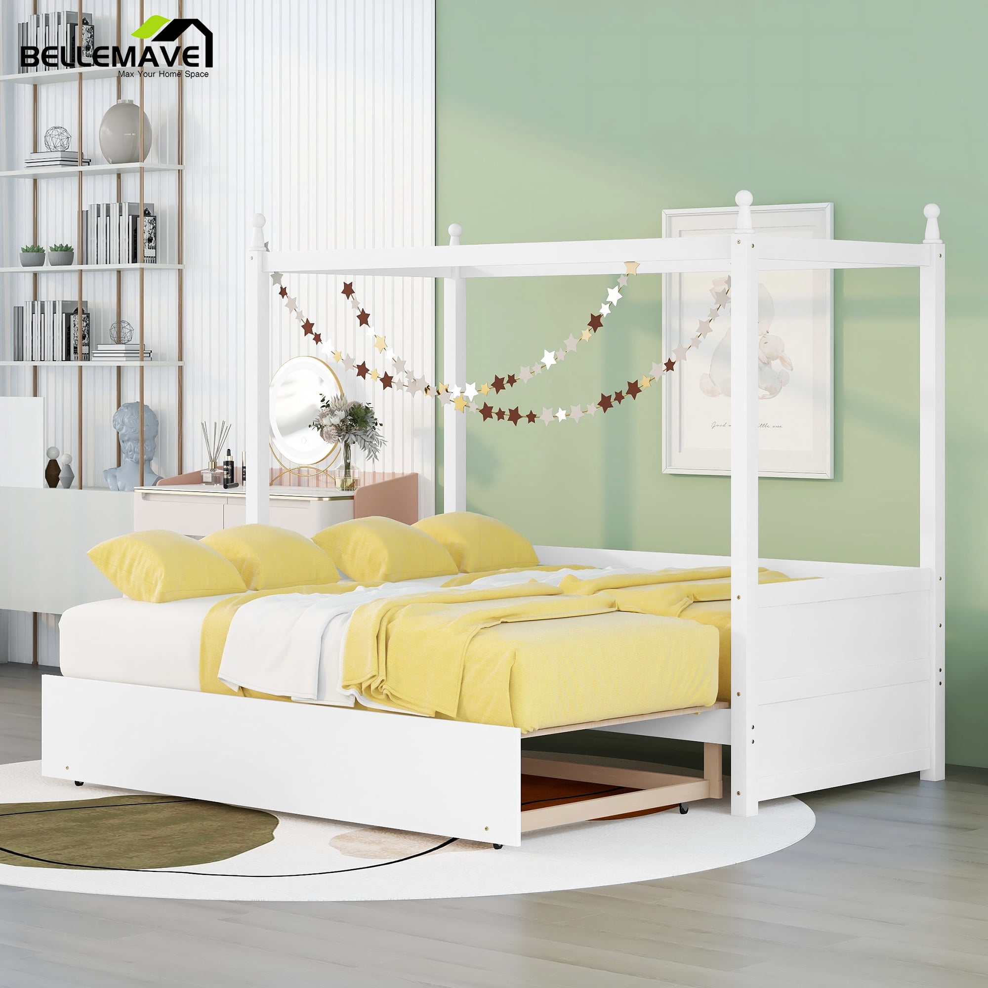 Bellemave Twin Size Canopy Daybed Frame with Trundle, Wood Twin Canopy Bed Can Turn into King in