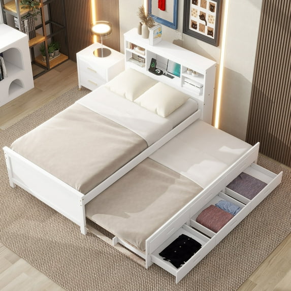 Bellemave Twin Size Captain Bed with Storage Bookcase Headboard and USB Charging Ports Storage Platform Bed with Trundle and Drawers Wooden Bed Frame for Teens, Adult (Twin, White)