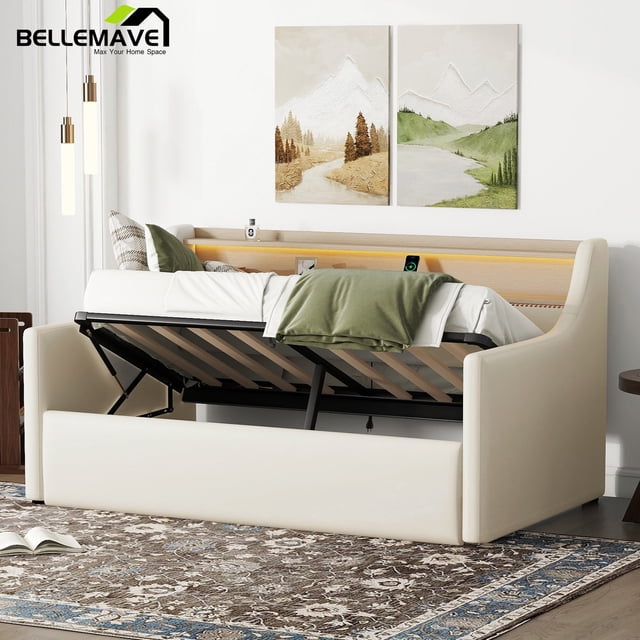 Twin Size Upholstered Daybed with Storage and LED Lights