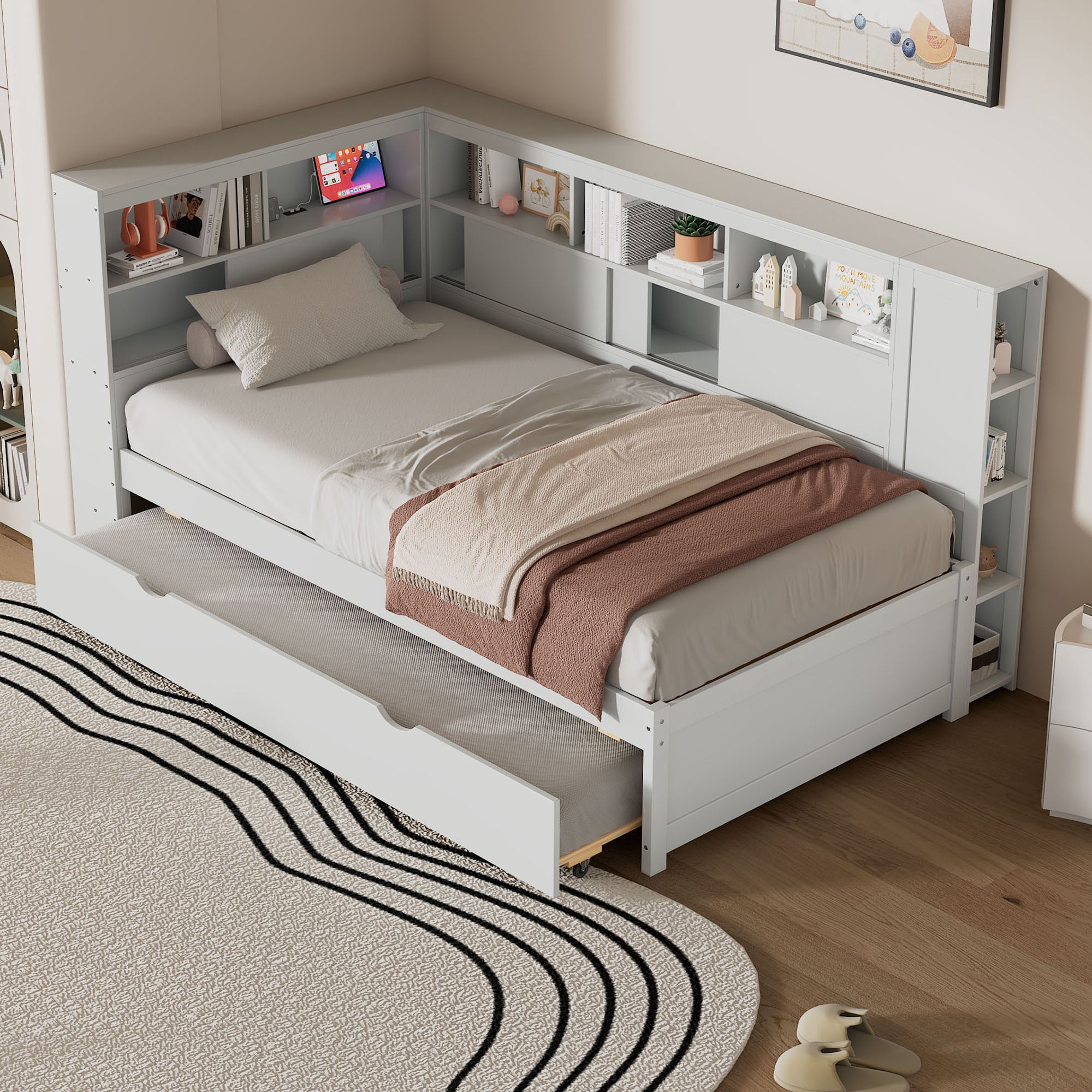 Bellemave Twin Size Daybed with L-shaped Bookcases and Trundle Twin ...
