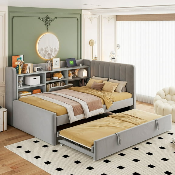 Bellemave Twin Size Daybed with Pop up Trundle and Storage, Upholstered Daybed Frame with USB Ports, L-Shaped Sofa Beds with Wooden Slats Support for Bedroom Living Room, No Box Spring Needed（Gray）