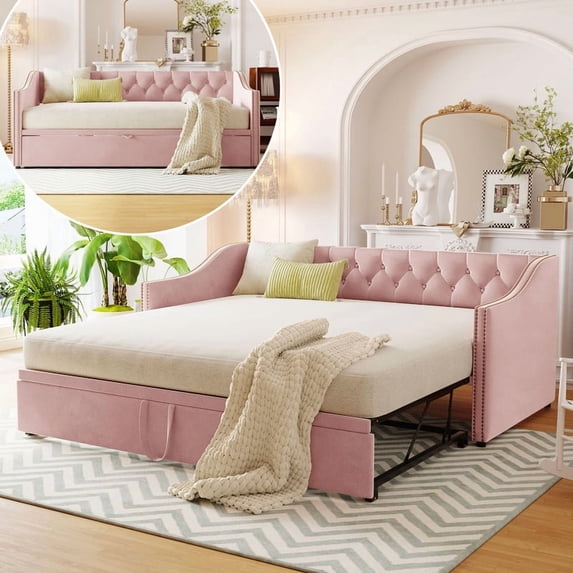 Bellemave Twin Size Daybed with Pop up Trundle, Upholstered Twin to King Daybed with Button Tufted Backrest, Extendable Tufted Sofa Bed for Bedroom Living Room Guest,Pink