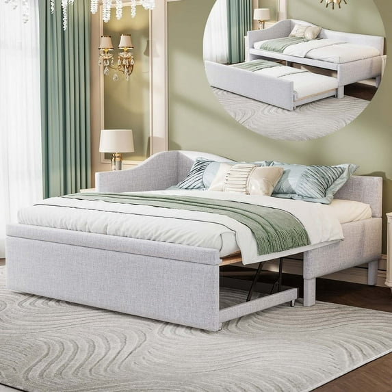 Bellemave Twin Size Daybed with Pop Up Trundle, Velvet Upholstered Twin to King Sofa Extendable Bed Frame, Space-Saving Daybed for Bedroom, Living Room(Beige)