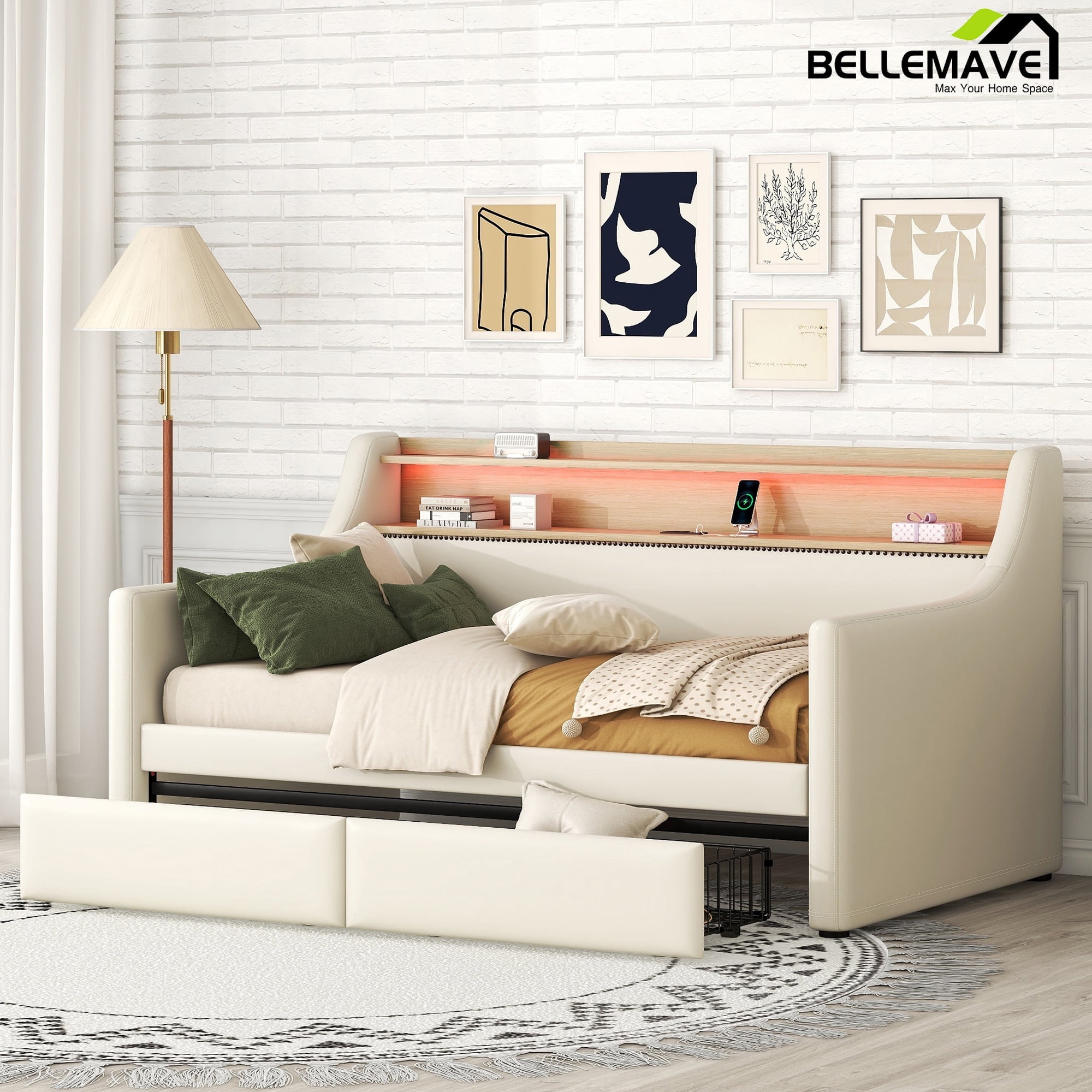 Bellemave Twin Size Daybed with Storage Drawers PU Leather Upholstered