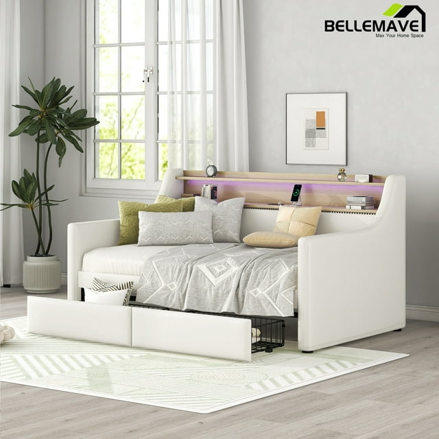 Bellemave Twin Size Daybed with Storage Drawers PU Leather Upholstered ...