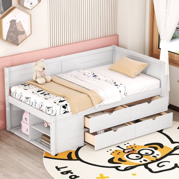 Bellemave Twin Size Daybed with Storage Drawers and Shelves Space-saving Wooden Daybed Frame Twin Storage Platform Bed Frame No Box Spring Needed (Twin, White)