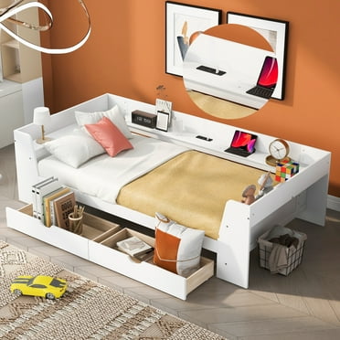 Bellemave Twin Size Daybed with Storage Shelves and Drawers, Wood Sofa Bed Frame with Built-in Charging Station for Living Room Guest Room Children Room (White)