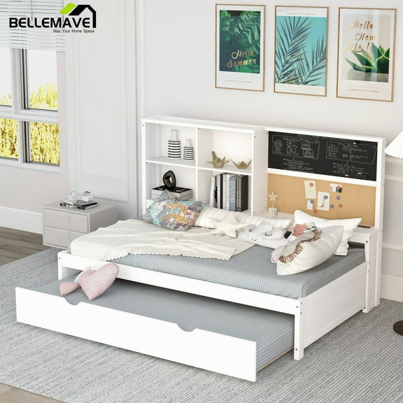 Bellemave Twin Size Daybed with Storage Shelves and Trundle Twin Platform Bed with Blackboard, Cork Board and USB Port All in One Wooden Bed for Teens, White