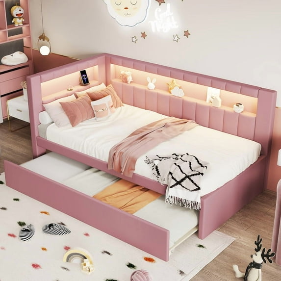 Bellemave Twin Size Daybed with Trundle and Storage Bookshelf, Upholstered Platform Bed Frame with USB Ports and LED Belt, Soft Corner Bed for Modern Bedroom Living Spaces(Pink)