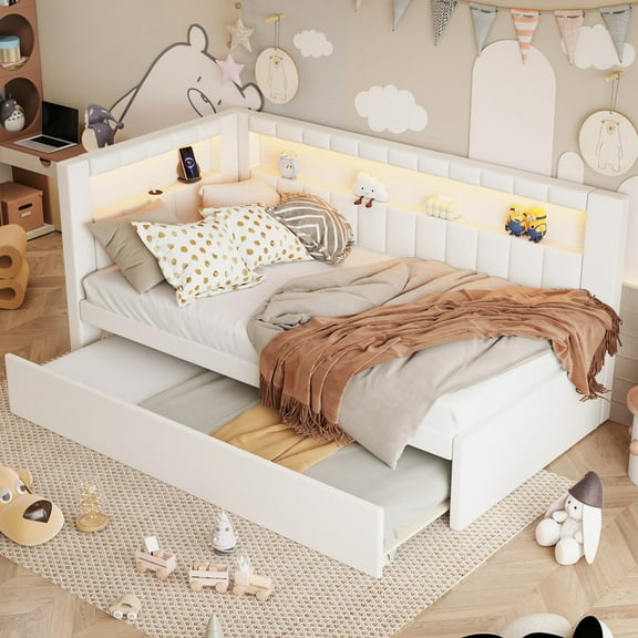 Bellemave Twin Size Daybed with Trundle and Storage Bookshelf, Upholstered Platform Bed Frame with USB Ports and LED Belt, Soft Corner Bed for Modern Bedroom Living Spaces(White)