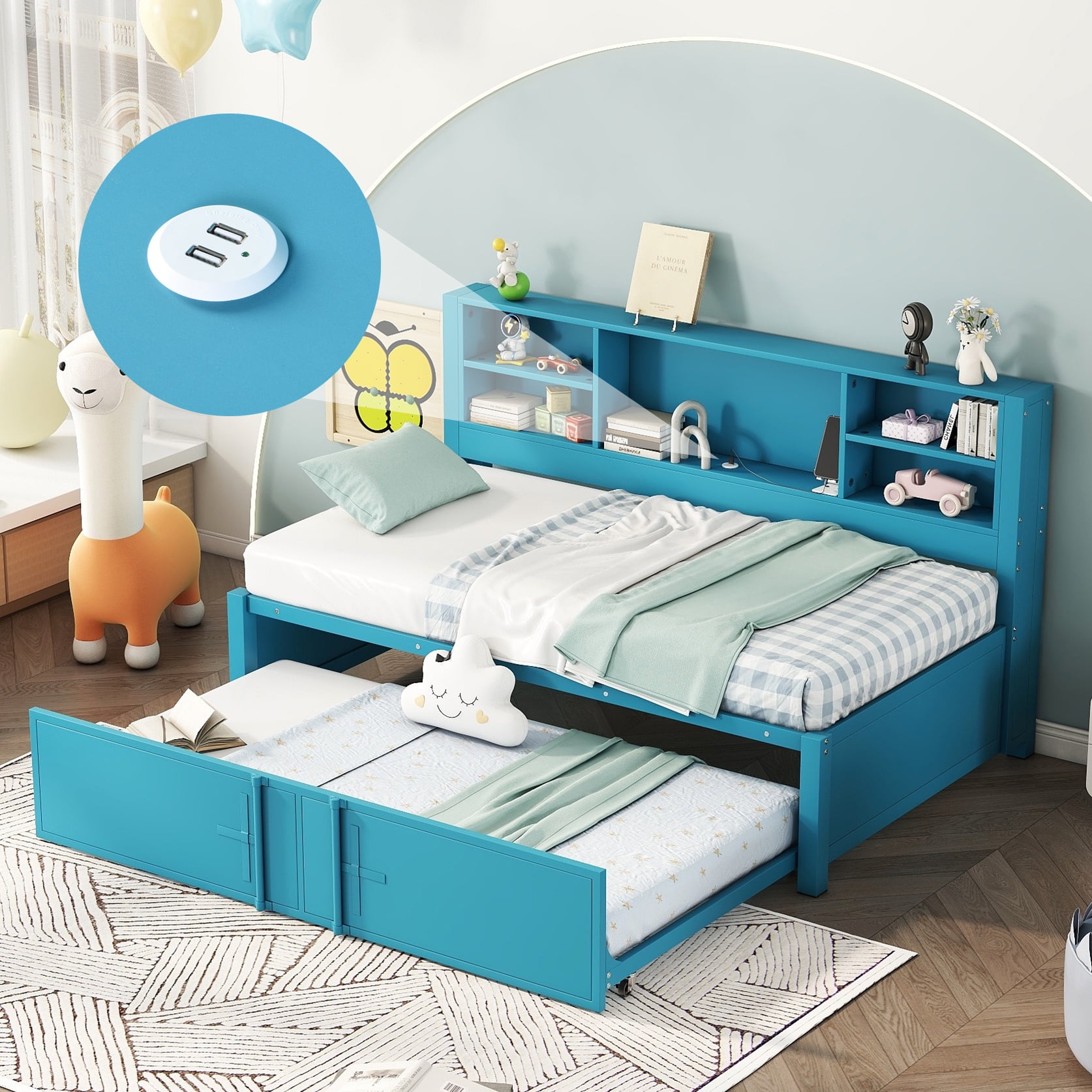 Bellemave Twin Size Daybed with Trundle and Storage Headboard, Metal Captains Beds Frame with USB Charging Port, Twin Trundle Platform Bed with Bookcase, No Box Spring Needed （Blue）