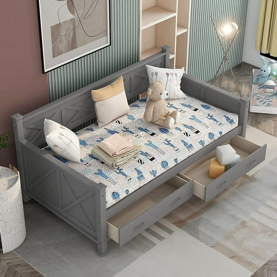 Bellemave Twin Size Daybed with 2 Storage Drawers, Modern Wooden Twin Sofa Bed with X-Shaped Frame, Twin Beds for Guests Sleepovers (Gray)