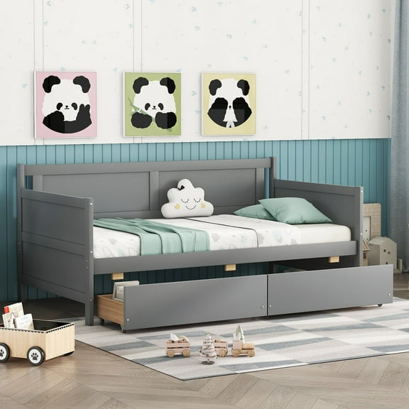 Bellemave Twin Size Daybed with Storage Drawers, Wood Sofa Bed Frame Twin Size, Corner Daybed for Living Room, Bedroom and Guest Room (Gray)