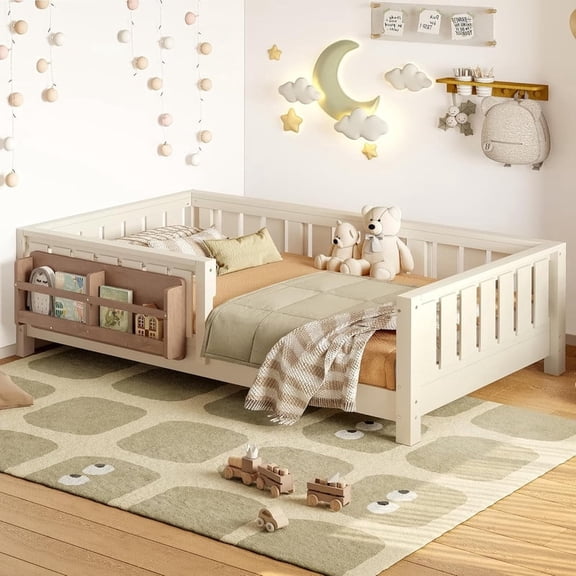 Bellemave Twin Size Floor Bed with Bookshelf, Wood Montessori Beds with Slats and Safety Guardrail, Low Profile Twin Bed Frame with Fence, No Box Spring Needed (Beige)