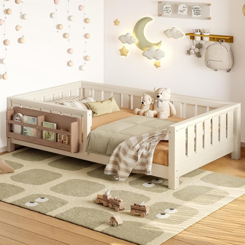 Bellemave Twin Size Floor Bed with Bookshelf, Wood Montessori Beds with Slats and Safety Guardrail, Low Profile Twin Bed Frame with Fence, No Box Spring Needed (Beige)