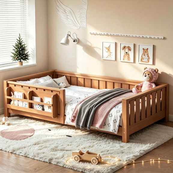 Bellemave Twin Size Floor Bed with Bookshelf, Wood Montessori Beds with Slats and Safety Guardrail, Low Profile Twin Bed Frame with Fence, No Box Spring Needed (Dark Natural)