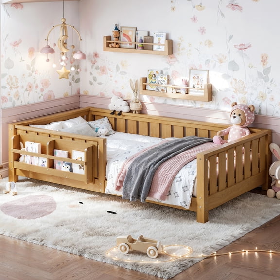 Bellemave Twin Size Floor Bed with Bookshelf, Wood Montessori Beds with Slats and Safety Guardrail, Low Profile Twin Bed Frame with Fence, No Box Spring Needed (Light Natural)