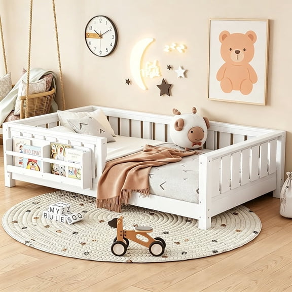 Bellemave Twin Size Floor Bed with Bookshelf, Wood Montessori Beds with Slats and Safety Guardrail, Low Profile Twin Bed Frame with Fence, No Box Spring Needed (White)
