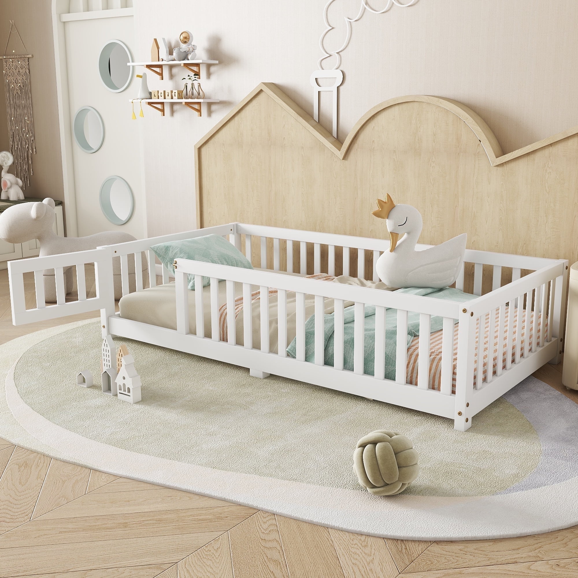 Walmart Deal of Walmart Black Friday Deals 2025 - Bellemave Twin Size Montessori Floor Bed, Low Bed for Toddler, Floor Fence Bed with Slats, White