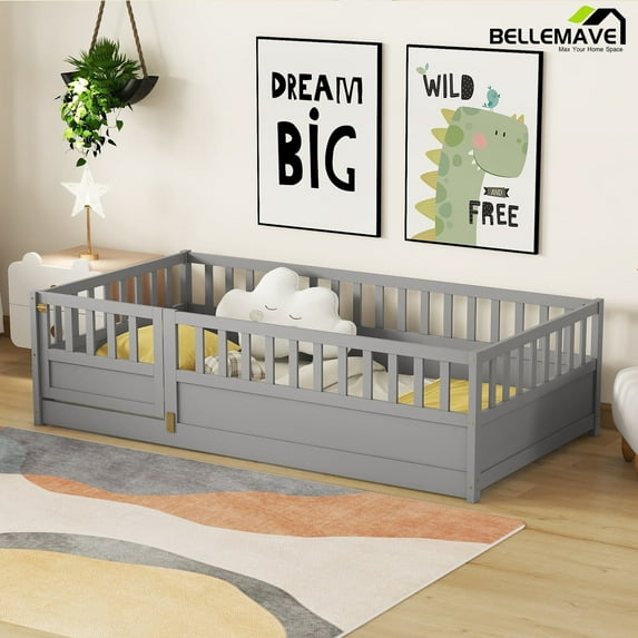 Bellemave Twin Size Floor Bed with Door and High Fence Guardrails Floor Bed with Bed Slats Wooden Floor Bed Montessori Bed Frame (Twin, Gray, With Slats)