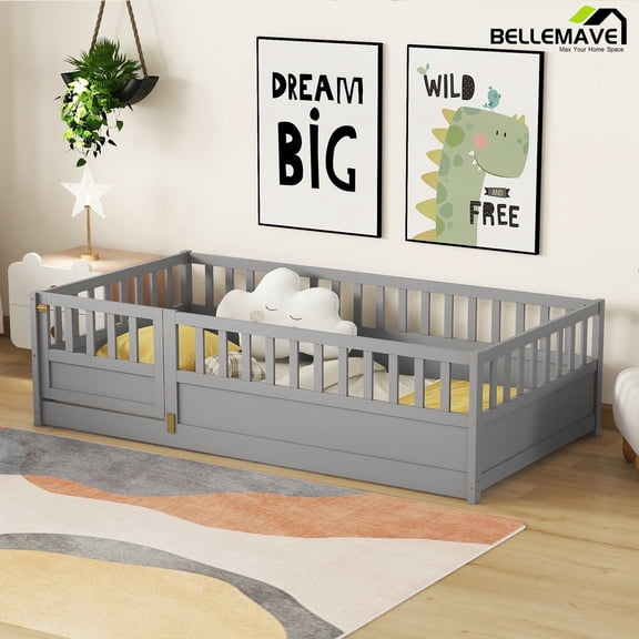 Bellemave Twin Size Floor Bed with Door and High Fence, Twin Size Montessori Floor Bed with Guardrails, Wooden Twin Floor Bed with Slats, Easy Assembly, Gray