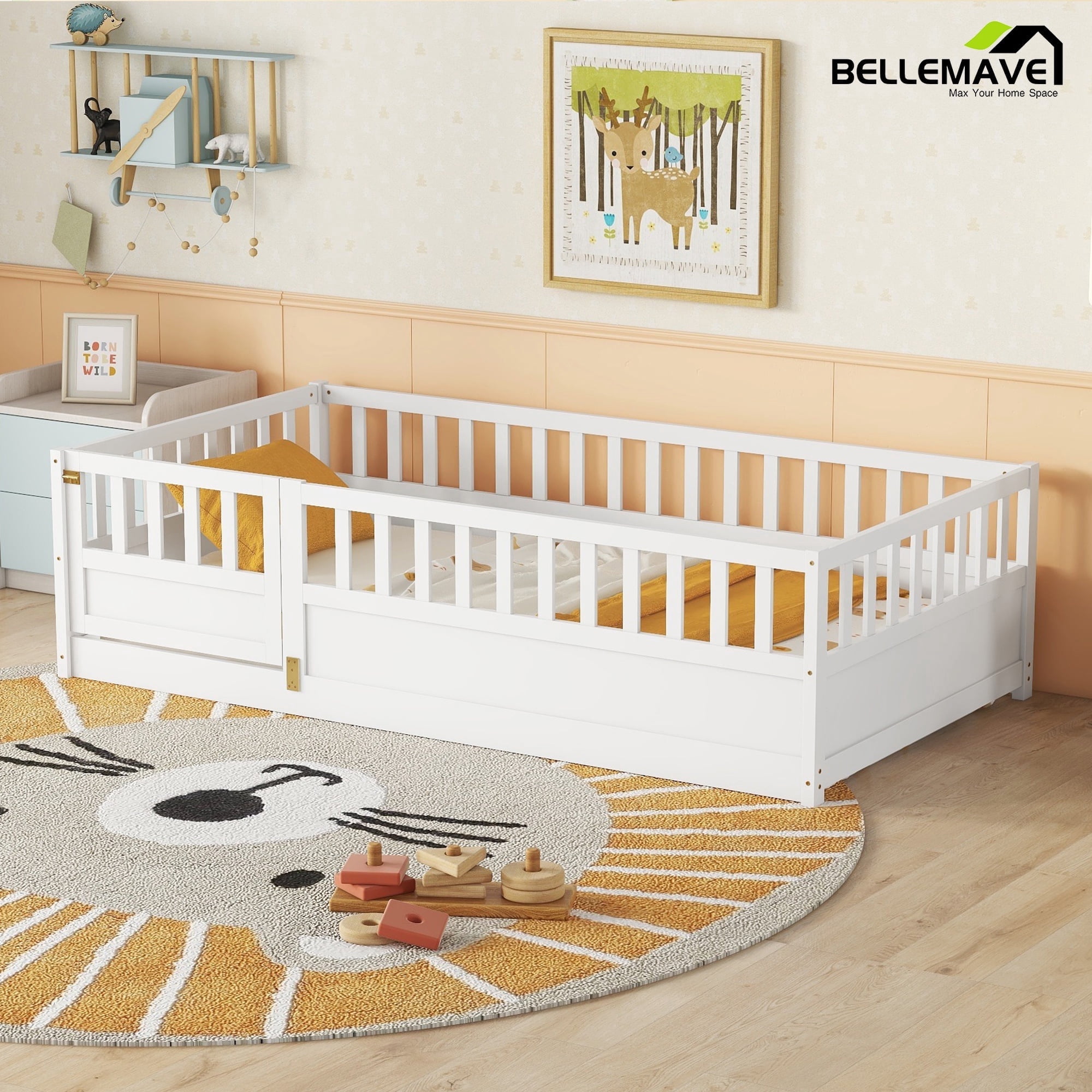 Bellemave Twin Size Floor Bed with Door and High Fence Guardrails Floor Bed with Bed Slats Wooden Floor Bed Montessori Bed Frame (Twin, White, With Slats)
