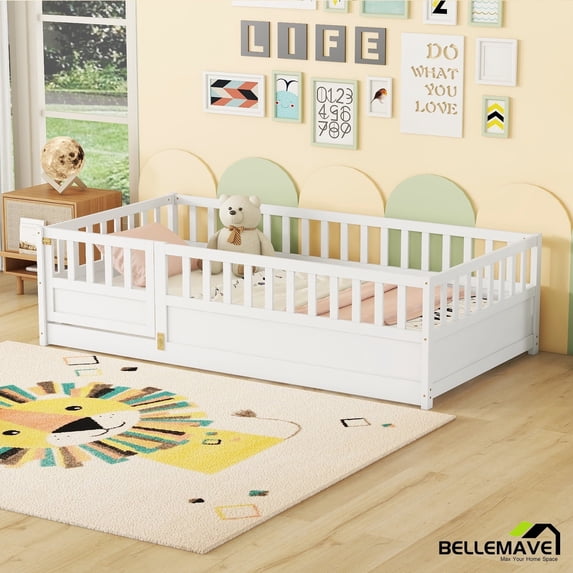 Bellemave Twin Size Floor Bed with Door and High Fence Guardrails Floor Bed without Bed Slats Wooden Floor Bed Montessori Bed Frame (Twin, White, Without Slats)