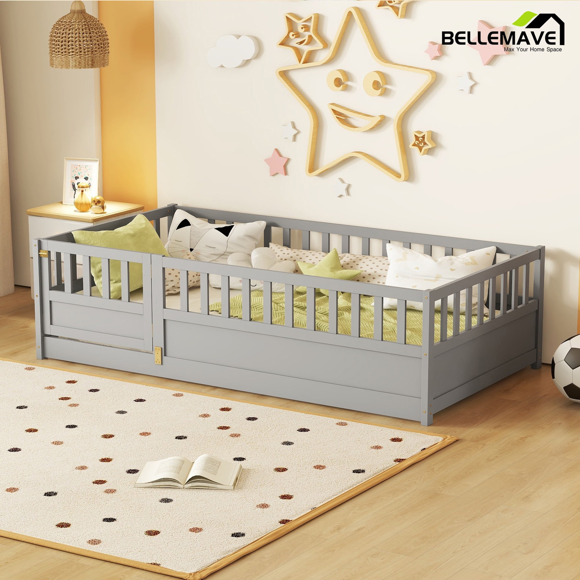 Bellemave Twin Size Floor Bed with Door and High Fence Guardrails Floor Bed without Bed Slats Wooden Floor Bed Montessori Bed Frame(Twin, Gray, Without Slats)