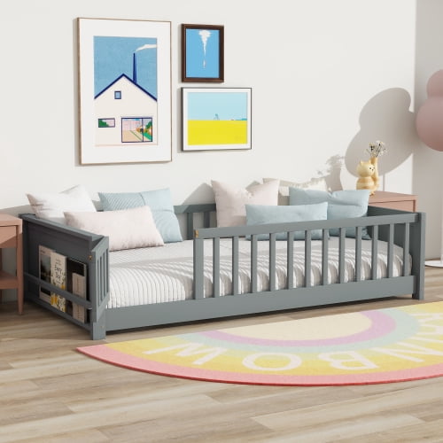 Bellemave Twin Size Floor Bed with Fence and Door, Montessori Floor Twin Bed with Built-in Book Rack, Solid Wood Twin Bed with Slats and Safety Guardrails, Grey