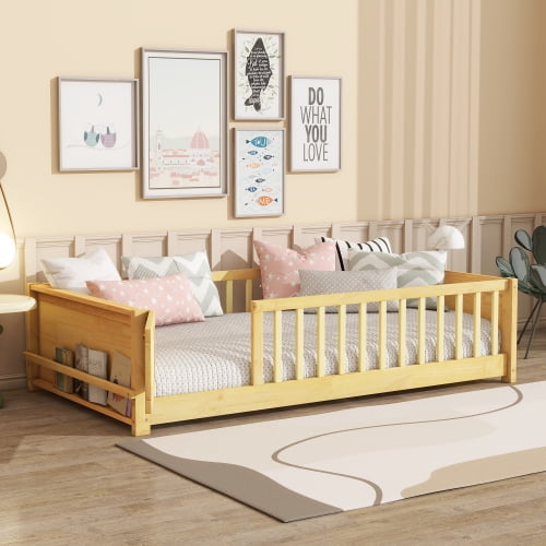 Bellemave Twin Size Floor Bed with Fence and Door, Montessori Floor Twin Bed with Built-in Book Rack, Solid Wood Twin Bed with Slats and Safety Guardrails, Natural