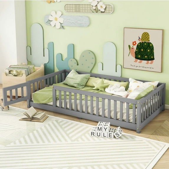 Montessori Bed with Rails, Twin Size Floor Bed with Door & Slats Support, Wood Playhouse Bed with Fence, No Box Spring Needed,Gray