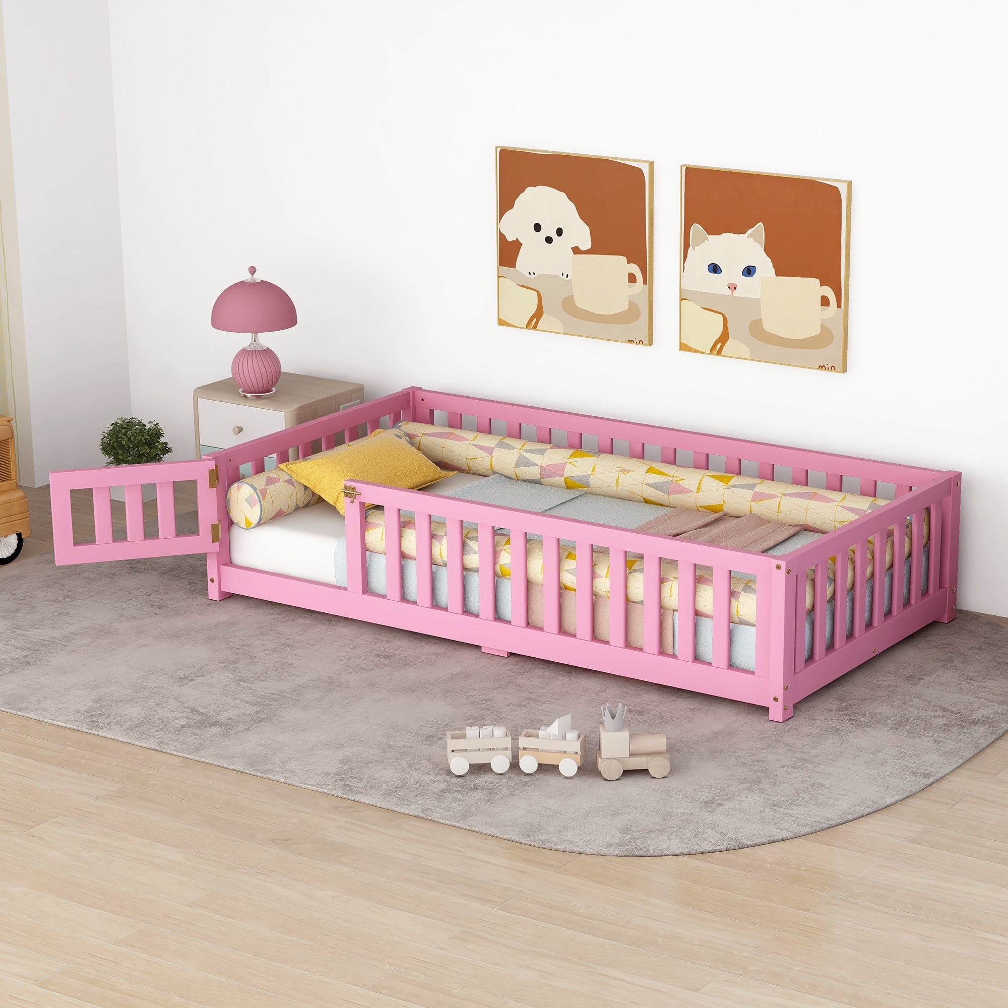 Bellemave Kids Twin Size LVL Rubber Wood Floor Bed, Pink