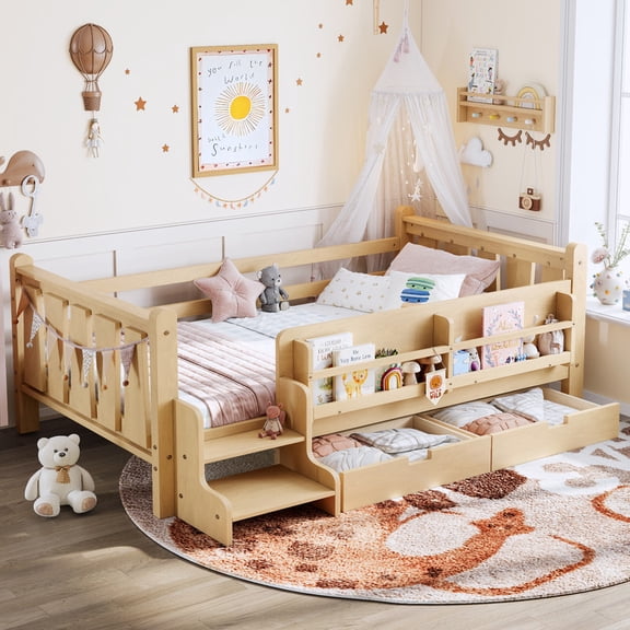 Bellemave Twin Size Floor Bed with Guardrails and Storage, Low Profile Montessori Bed Frame with Drawers, Bookcases and Stairs, Solid Wood Kids Bed with Slats, No Box Spring Needed(Light Natural)